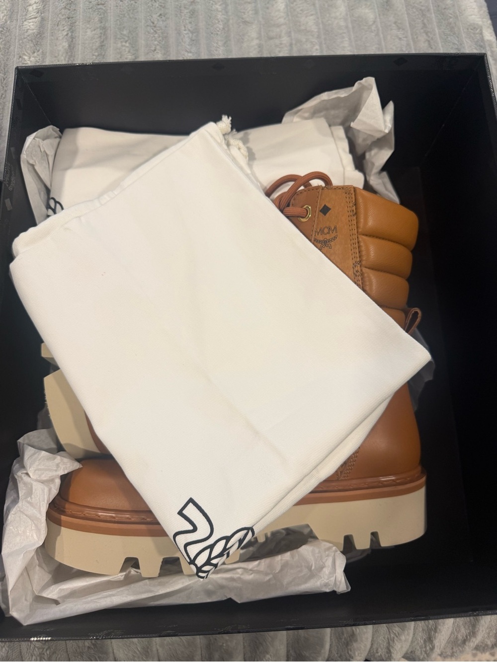 **Brand New** MCM Cognac Monogram Lace-Up Lug Boots with Cream Sole. - Picture 6 of 7